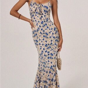 Floral Blue and Cream Maxi Dress